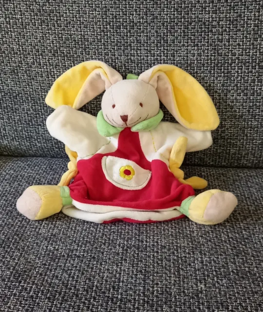A9 Doudou et compagnie plat marionnette lapin rouge jaune blanc vert fleur