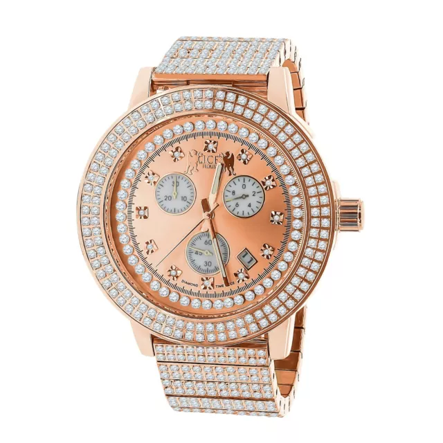 18K Rose Gold 2 Tone Stainless Steel Genuine Diamond Dial Mens Watch 54mm W/Date