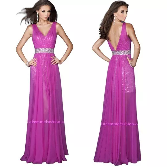 NWT LA FEMME 18865 Chiffon Sequin Dress With Beaded Waist Prom Formal Gown 14