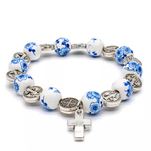 Blue Flower Ceramic Beads Cross Pendant Saint St Benedict Medal Stretch Bracelet