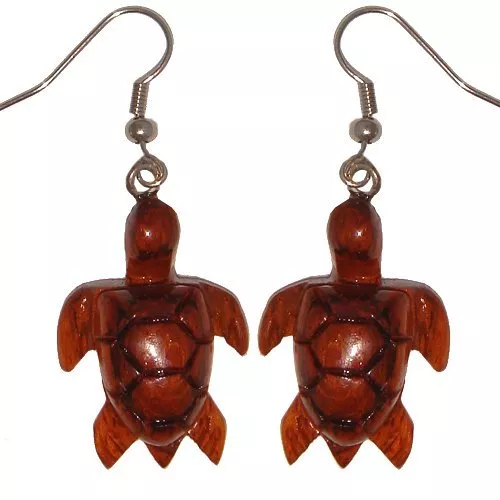 Hawaiian Jewelry Honu Turtle Koa Wood Hand Carved Earrings from Maui Hawaii