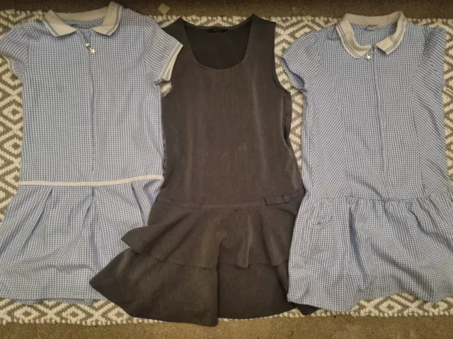 7-8 years School Dress Bundle grey blue gingham