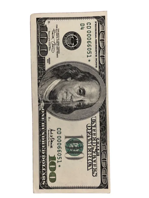 2001 Low Serial Number Star Note $100 Bill Miss Cut