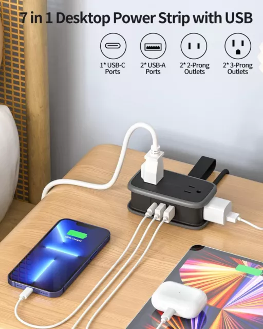 Power Strip with 4 Outlets 3 USB (1USB C) 4ft Extension Cord High-Speed Charging