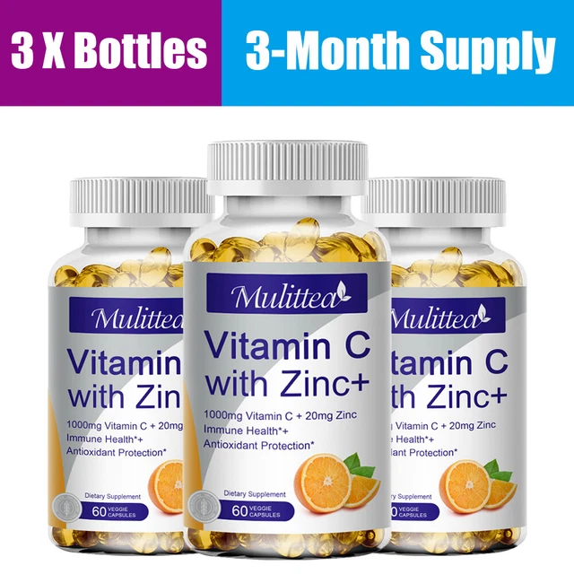 Vitamin C + Zinc 180 Capsules Immune Support Brain Health Antioxidant Supplement