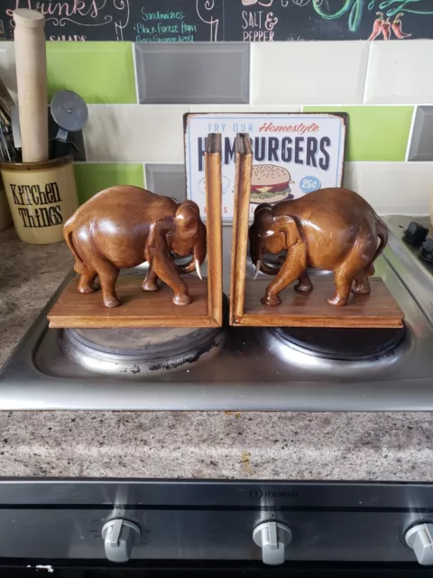 Vintage HAND CARVED Beautifully Grained WOODEN ELEPHANT BOOKENDS