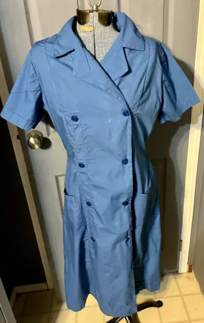 Vintage 1950s/60s Blue S/S Nurse Uniform Half Belt At Back Button Up Bust 40”