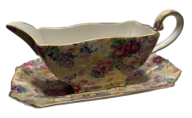 Royal Winton Welbeck Yellow Chintz Sauce Boat W/ Liner 1995