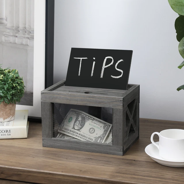 Gray Wood X-Design Tips/Suggestion Card Box  w/ Lock, Chalkboard & Acrylic Signs