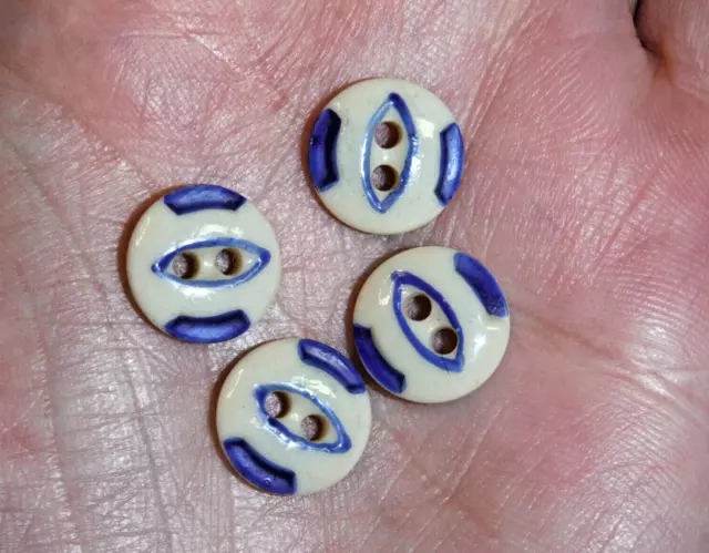 Antique Vintage Blue & Cream China Stencil Buttons Fish Eye Set of 4