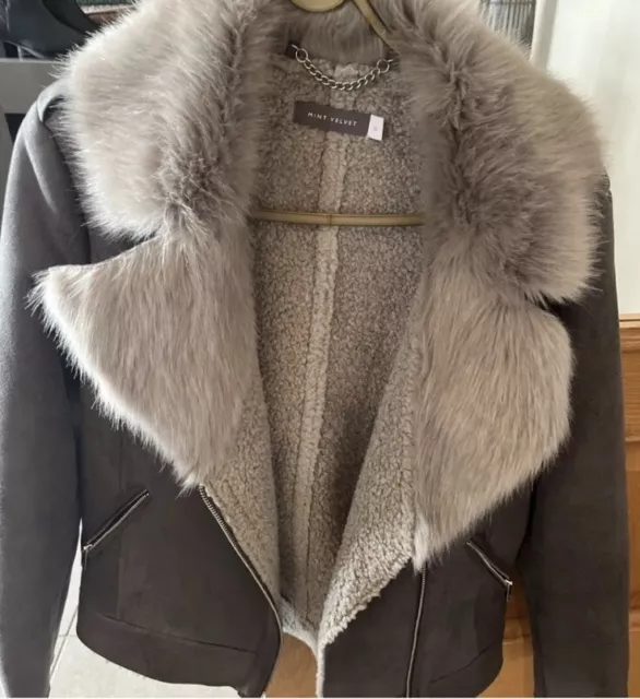 MINT VELVET FAUX Fur Shearling Steel Grey Aviator Jacket Coat 16