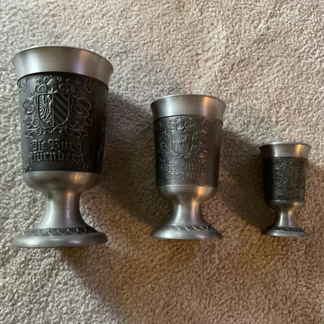 Trio Pewter Cups Frieling Zinn Pewter Cups Embossed German Vintage