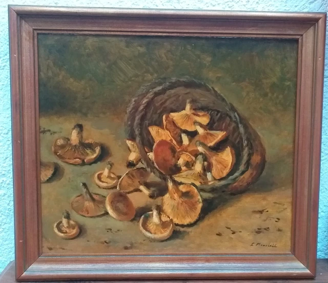 Bodegón Con Setas. Enric Modolell Marques. Óleo Sobre Tabla. Siglo Xx.