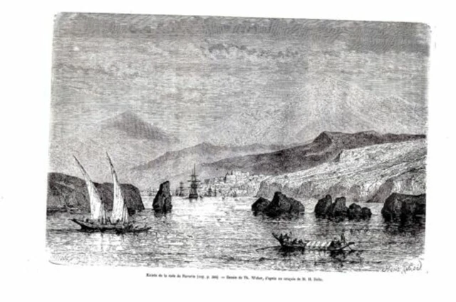 GRAVURE SUR BOIS 19ème ENTREE RADE DE NAVARIN GRECE