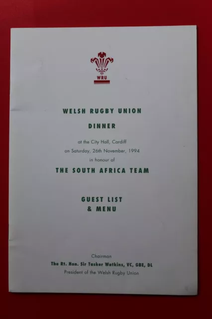 Welsh Rugby Union Dinner South Africa Team 1994 Guest List & Menu Cardiff Wales