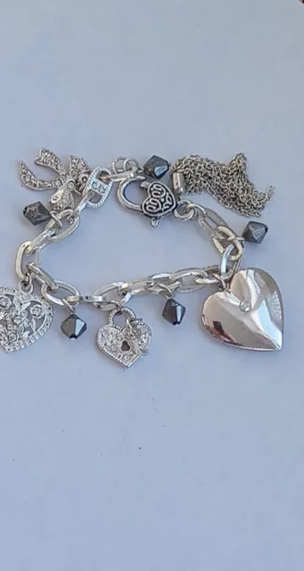 Heart Charm Bracelet Valentine Locket Tassel Bow Key Silver Tone Rhinestone 7.5"