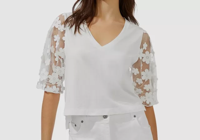 $98 French Connection Women's White V-Neck Short-Sleeve Lace Blouse Top Size XL