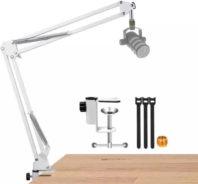 "White Boom Arm and Desk Stand for Rode Podmic - Ideal for Podcasts, Gaming,