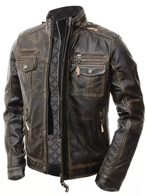 Men’s Motorcycle Biker Vintage Distressed Brown Cafe Racer Real Leather Jacket