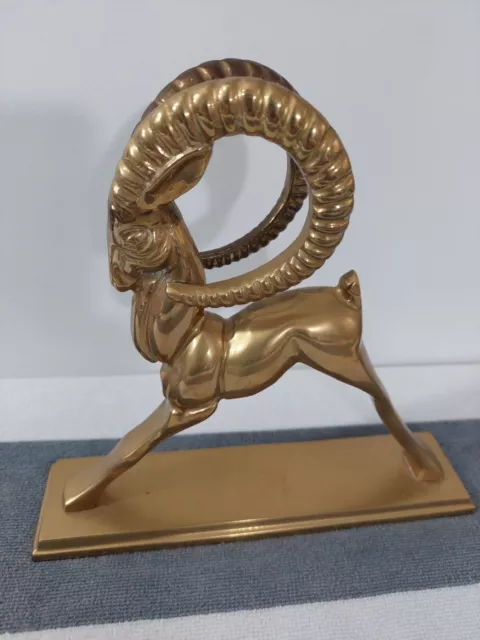 Vintage Solid Brass Gazelle Ibex Antelope Big Horn Figurine Sculpture PAC