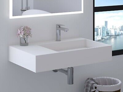 30" Solid Surface Right Side Basin Minimalist Floating Wall Mount Bathroom Sink