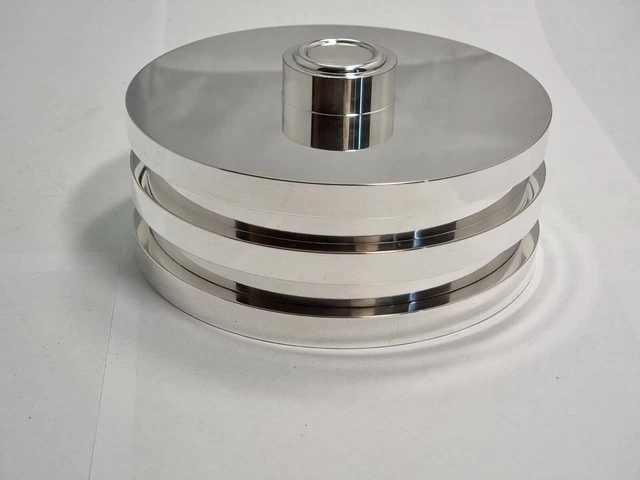 B129# schöne Puiforcat Dose Ruban versilbert punziert h: 7,5 cm d: 15,5 cm 1075g