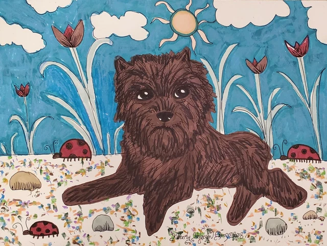 AFFENPINSCHER in the Garden Dog Art Print 13 x 19 Signed by Artist KSams Ladybug