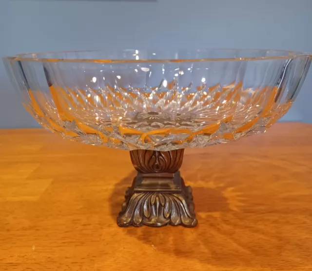 Vintage Val St Lambert Crystal Glass Compote With Brass Pedestal