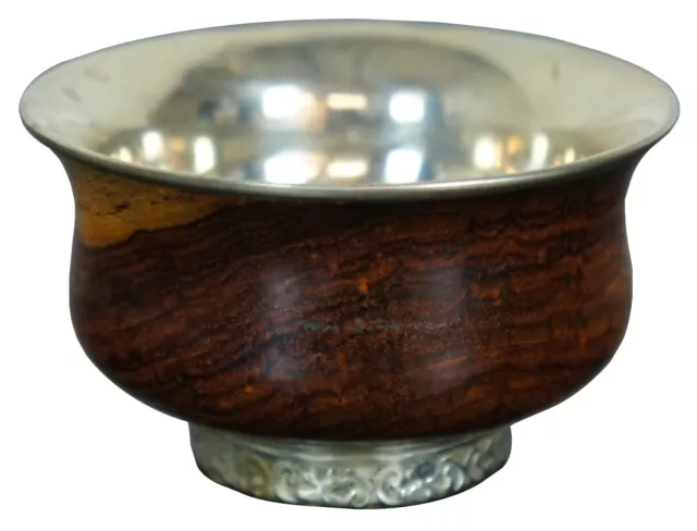 Tibetan Himalayan Wood & Silver Lined Libation Bowl Tea Wine Prayer Cup 3.5"