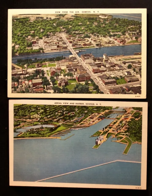 NY Oswego 2pcs View From The Air / Aerial View and Harbor Linen Postcards
