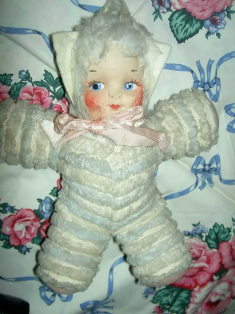 Darling 1940s vintage, blue & white chennile, lamb sheep, baby doll toy 9+" tall