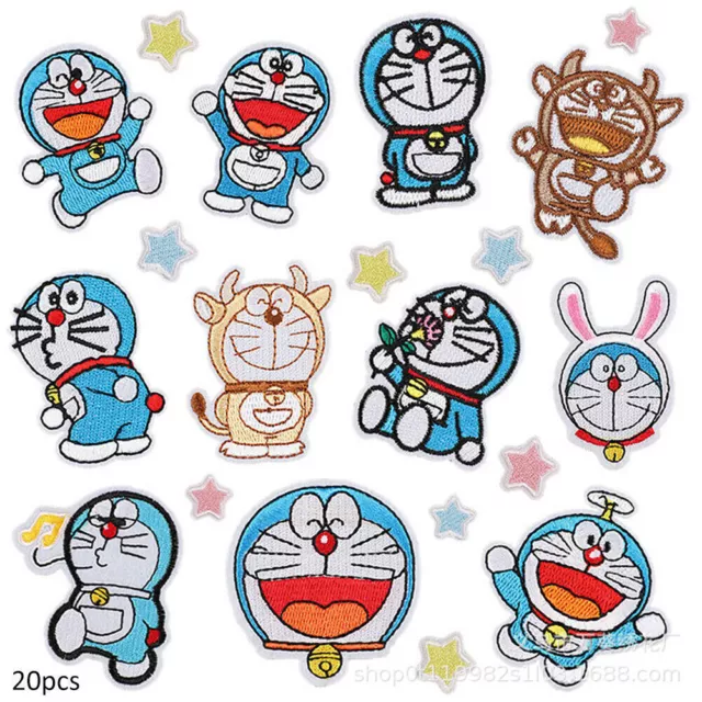 20Pcs Doraemon Iron On Patches Embroidered Applique Patch DIY Clothes Bag Decors