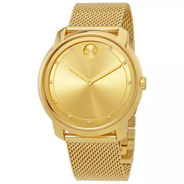 NEW Movado Bold Mens Gold Plated Stainless Steel Mesh Band Diamond Watch 3600460