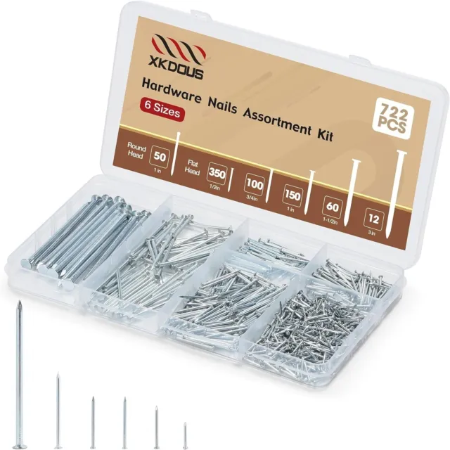 722Pcs Hardware Nails Up to 3"-Long Galvanized Nails, Small Nails,Wood Nails, Wa