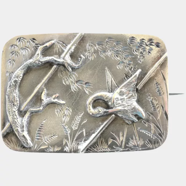 Victorian Aesthetic Movement Silver Memorial Brooch ~ Wading Heron