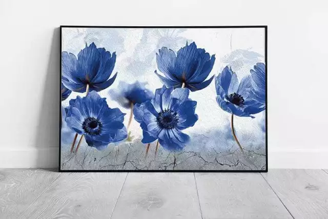 Blue Oil Painting Style Abstract Flowers Wall Art Print on Paper Framed Picture