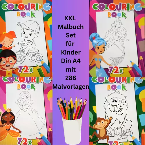 XXL Malbuch Set für Kinder Din A4 mit 288 Malvorlagen für Mädchen und Jungs