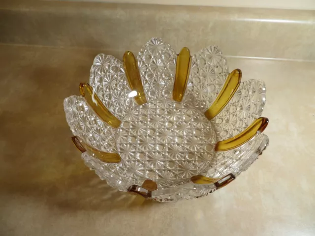Vintage Cut Press Clear & Yellow Amber Glass Scalloped Centerpiece Bowl  8.5"