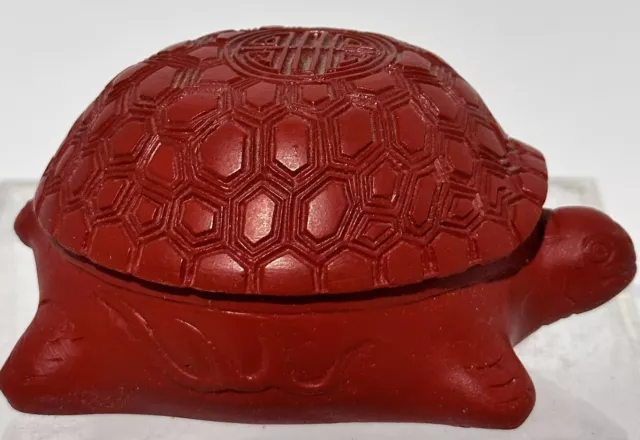 Cinnabar Trinket Jewelry Box Red Lacquer Asian Hand Carved Turtle with Lid