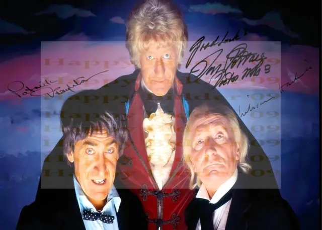 Dr Who The 3 Doctors William Hartnell Jon Pertwee Patrick Troughton 7x5 Signed