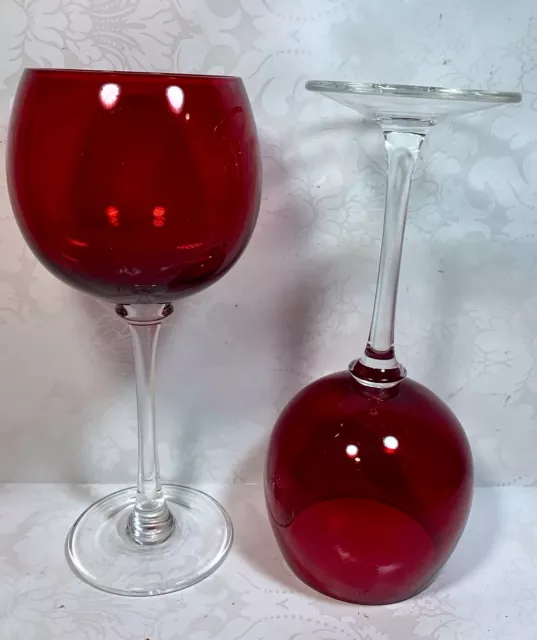 Set Of 2 Vintage Hand Blown Ruby Red Pier 1 Balloon Wine Goblets Clear Stems 3