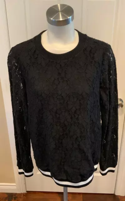 Michael Kors Black Floral Lace Long Sleeve Shirt W/Striped Elastic, Size M