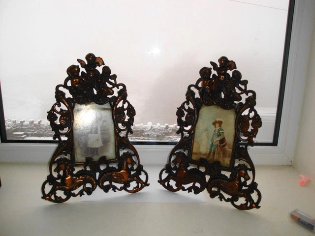 Superb Pair Bronzed Antique Victorian Large Cast Iron Neo Classical Photo Frames