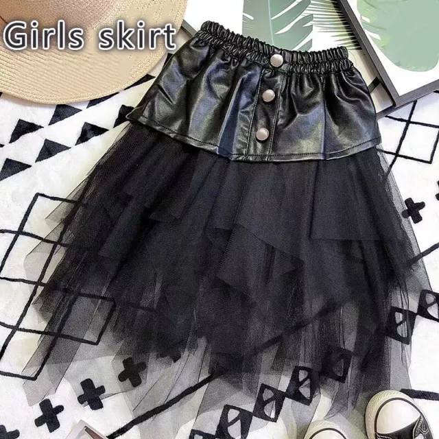 Bambine Similpelle Gonna Rete Patchwork Tutu Abito a Strati Punk Gotico Nero