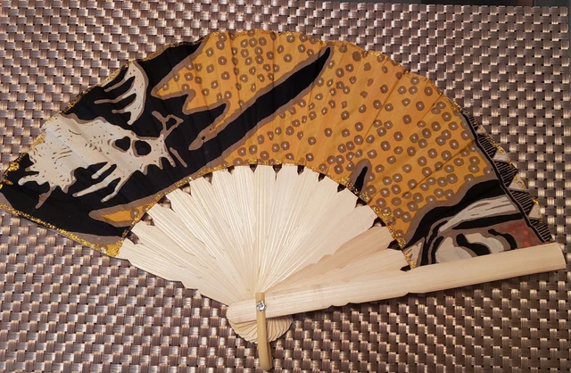 FAN, Balinese ABSTRACT, HANDMADE, Fabric, Bamboo, GOLD multi colors, 9.5" x 16"