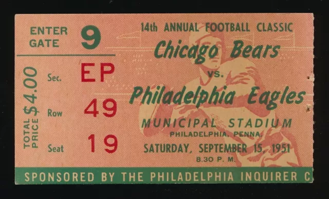 SEPTEMBER 15 1951 FOOTBALL PHILADELPHIA EAGLES v CHICAGO BEARS TICKET STUB