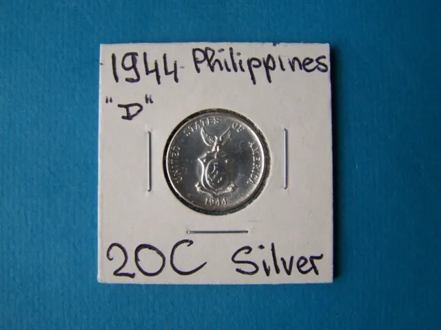 Philippines Coins 1944 Year 20 Centavos "D" Nice Silver Coin.