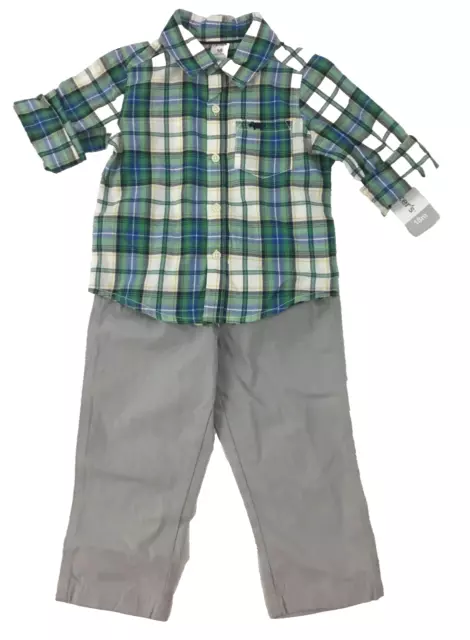 Carter's Boy's 2-Piece Set Cotton Green Plaid Button Down Shirt Gray Pants 18M