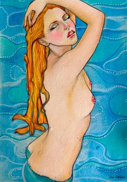lulu amere  - aquarelle érotique - Sirène nue