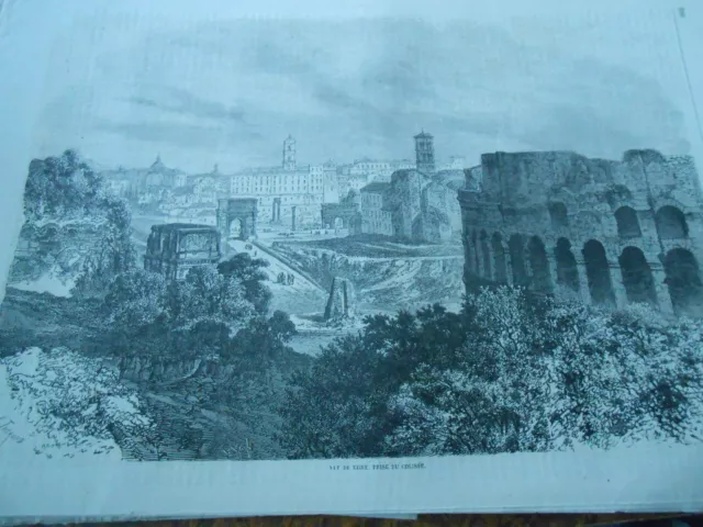1864 engraving - view of Rome taken from the Colosseum Italy